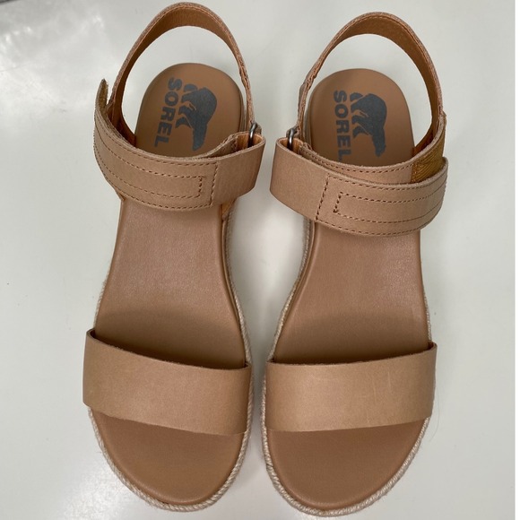 Sorel Cameron Flatform Leather Espadrille Sandals Tan Leather Hook & Loop Size 8 - Picture 5 of 11